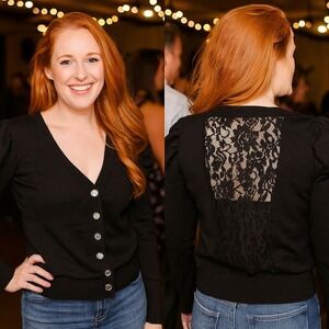 ONE A XS‎ Black Cardigan Lace Back Puff Sleeve Button Up Sweater Top